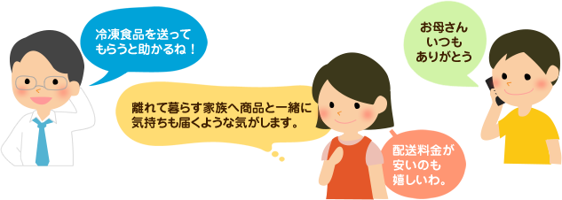 単身赴任のお父さん「冷凍食品を送ってもらうと助かるね！」1人暮らしのこども「お母さんいつもありがとう」お母さん「離れて暮らす家族へ商品と一緒に気持ちも届くような気がします。配送料金が安いのも嬉しいわ。」